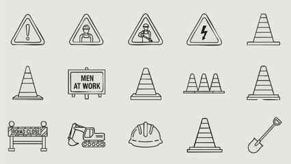 Construction Site Icons Safety Equipment and Warning Signs.