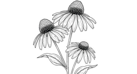 Black and white hand-drawn botanical illustration of echinacea purpurea flowers in a detailed vintage engraving sketch style.