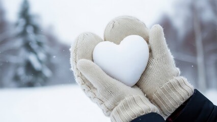 Winter Hands Holding Heart-Shaped Snowball in a Snowy Forest Scene