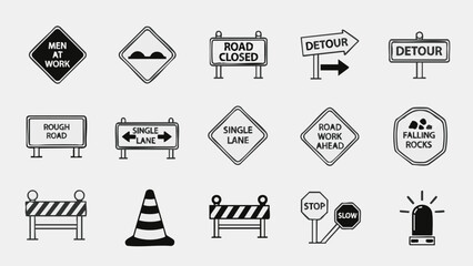 Road Construction Signs  Safety Symbols Set.