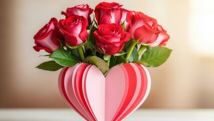 Beautiful arrangement of red and pink roses in heart-shaped paper vase for romantic celebration