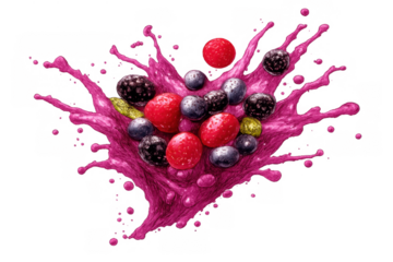 Bursting berry mix splashing pink juice with strawberries, blueberries, and blackberries, symbolizing freshness and vitality