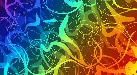 Vibrant spectrum colors overlay a complex weave of flowing, translucent lines creating an abstract background.