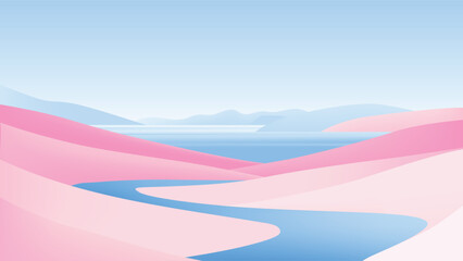 Minimalist earth basin landscape with sweeping pink dunes, a winding blue river, and distant hazy mountains © momosama