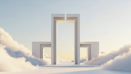 White geometric portal surrounded by fluffy clouds and sky, suitable for abstract backgrounds, dreamy concepts, imagination, or surreal designs.