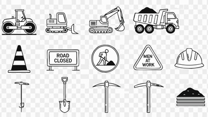 Construction equipment and safety icon set monochrome.
