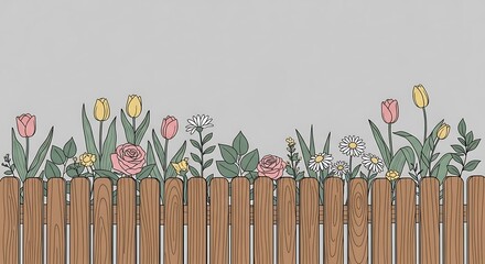 Floral arrangement with roses, tulips and daisies over wooden fence