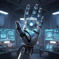 Futuristic Robot Hand Displaying Digital Sphere in Technology Lab Setting