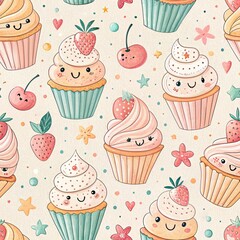 Adorable kawaii cupcakes with strawberries and cherries in a seamless repeating pattern design