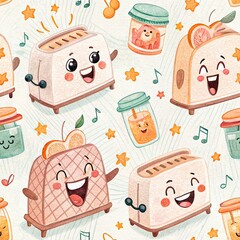 Whimsical pattern featuring smiling cartoon toasters and jam jars with stars and musical notes
