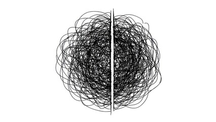 Abstract black scribbles forming a complex circular pattern on white background