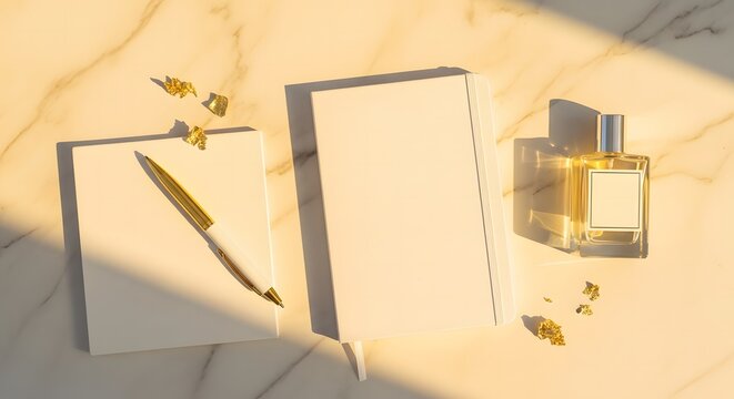 Elegant flat lay of white stationery, gold pen, and perfume bott