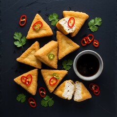 Golden Fried Tofu Triangles with Chili Rings and Soy Sauce, on Dark Stone