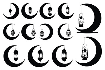 Black and white crescent moons with hanging lanterns