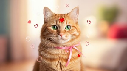 Adorable orange tabby cat with green eyes surrounded by hearts wearing a pink ribbon