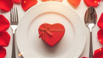 Heart-shaped gift box on a dinner plate surrounded by rose petals and cutlery for a romantic