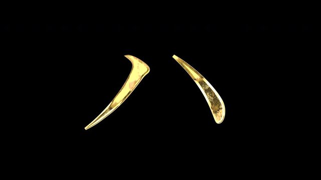 Gold Japanese Katakana &ldquo;ハ&rdquo;, light reflecting and patterns shifting, alpha channel