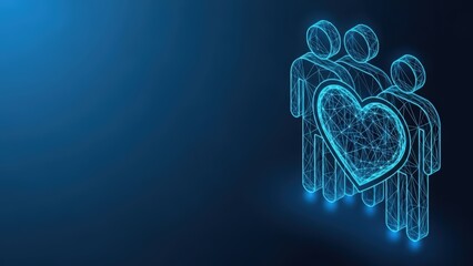 A glowing blue wireframe icon depicting a couple embracing a heart symbolizing love and connection on a dark background