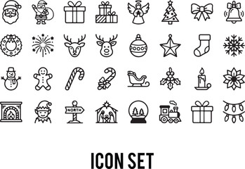 Christmas icon set. Containing holiday, Xmas, Santa Claus, gift, angel, Christmas tree, bow, bell, wreath, fireworks, Rudolph, Christmas ornament and more. Editable line icons. Vector illustration.