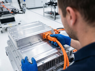 Automotive technician connecting high voltage orange cable to EV battery pack in a clean factory