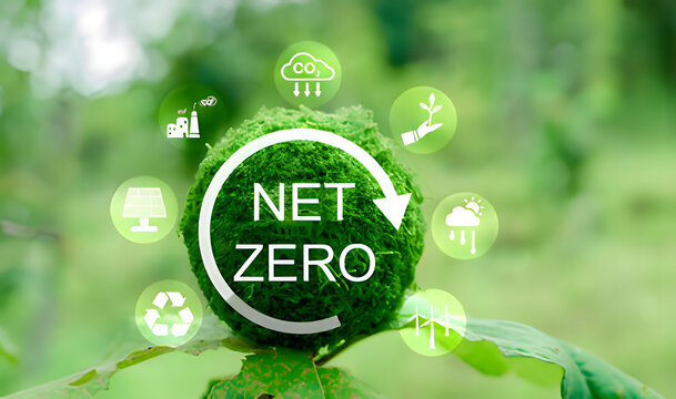 conceptual image of net zero emissions and sustainability with green planet surrounded by icons representing renewable energy sources and environmental protection measures, ecological balance concept
