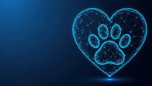 A glowing digital heart with a paw print inside rendered in a blue wireframe network against a dark background