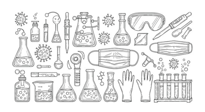 Hand-drawn set of science laboratory equipment, medical supplies, and virus icons in a black and white sketch style.