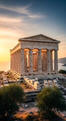 Obraz premium Ancient stone temple ruins stand proudly atop a sunlit hill overlooking the sea