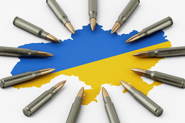 Conflict And War Concept In Eastern Europe. Ukraine Map With Flag Colors Surrounded By Bullets. 3d Rendering