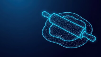 Abstract neon wireframe of a rolling pin over dough for baking preparation