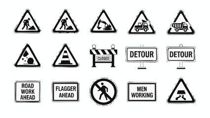 Construction Warning Signs Collection Roadwork Detour Safety.