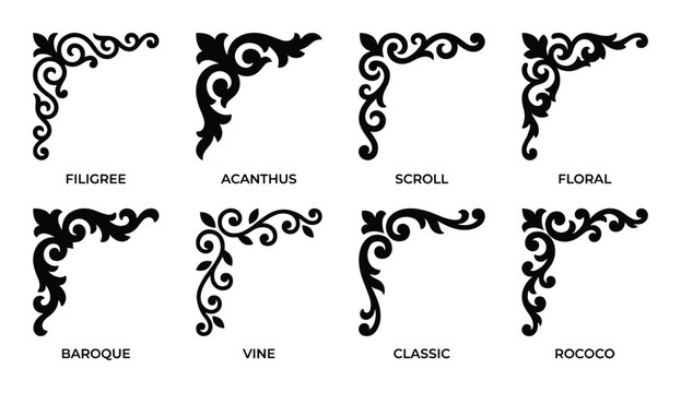 Black ornament corner designs including filigree, scroll, vine, baroque, classic and rococo styles.