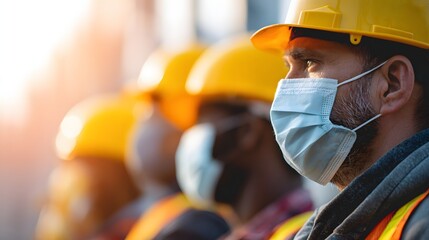Construction workers wearing masks and hard hats during pandemic.