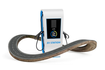 Sustainable Electric Mobility Concept. Modern EV Charging Station With Twisted Asphalt Road On White Background Showing Future Transportation Infrastructure. 3d Rendering