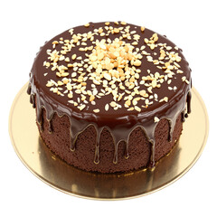 Chocolate Cake with Dripping Glaze and Peanut Topping on Golden Plate with Transparent Background