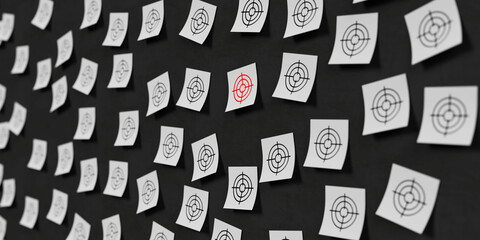 Concept Of Focus And Precision In Decision Making. Many Target Icons On White Sticky Notes With One Red Center Highlighted. 3D Rendering