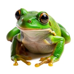 Obraz premium Common green tree frog sitting and looking forward isolated on white background