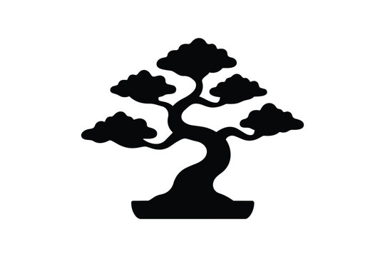 Black silhouette of a bonsai tree in a pot. Represents Japanese traditional art form.