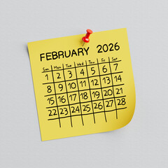 Yellow Note Paper with February of 2026 Year May Handwritten Calendar and Thumbtack Pin. 3d Rendering
