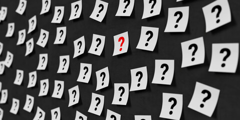 Uncertainty And Decision Making Concept. White Paper Notes With Question Marks Highlighting One Red Symbol. 3d Rendering