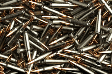 Military Power And Ammunition Supply Concept. Pile Of Metallic Rifle Cartridges With Copper Bullets Forming Dense Pattern. 3d Rendering