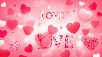 Romantic love themed background with various pink and red hearts and the word LOVE in the center