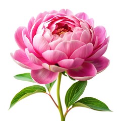 Fototapeta premium Beautiful pink peony flower with lush petals and green leaves