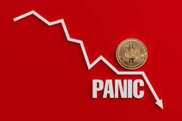 Cryptocurrency Market Crash Concept. Bitcoin Coin Falling Along Downward Chart With Panic Text Symbolizing Financial Fear And Volatility. 3d rendering