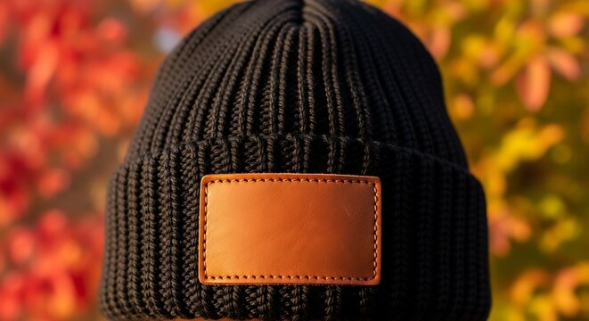Close up view of a dark knitted winter hat featuring a blank leather patch against a colorful outdoor backdrop