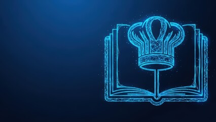 Digital illustration of an open book with a chef's hat on top representing culinary knowledge and education