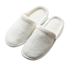 Pair of white soft plush house slippers for indoor comfort isolated on white