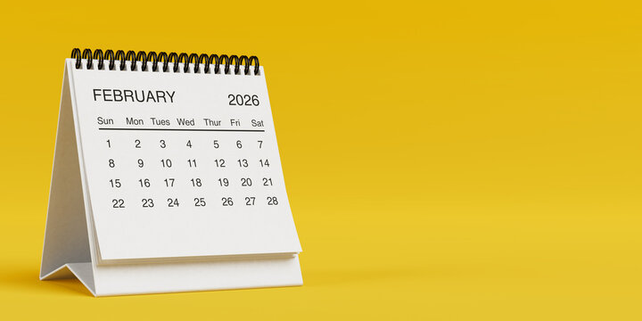 White Desk Monthly February 2026 Business Calendar. 3d Rendering