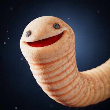 Parasitology Cartoon Concept Representing Helminth Infection Awareness. Smiling Cute Helminth Worm Character With Big Eyes And Soft Texture On Blue Background. 3d Rendering