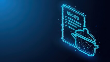 Digital recipe displayed as a glowing blue wireframe illustration against a dark background